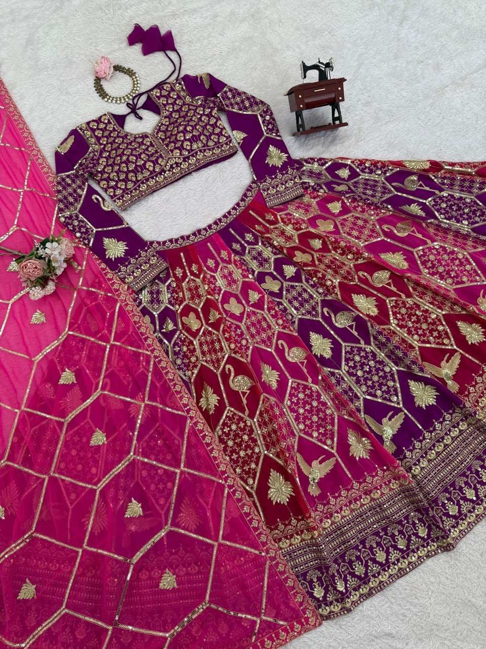 Prazu Fashion Violet Georgette Thread Sequence Wedding Lehenga Choli