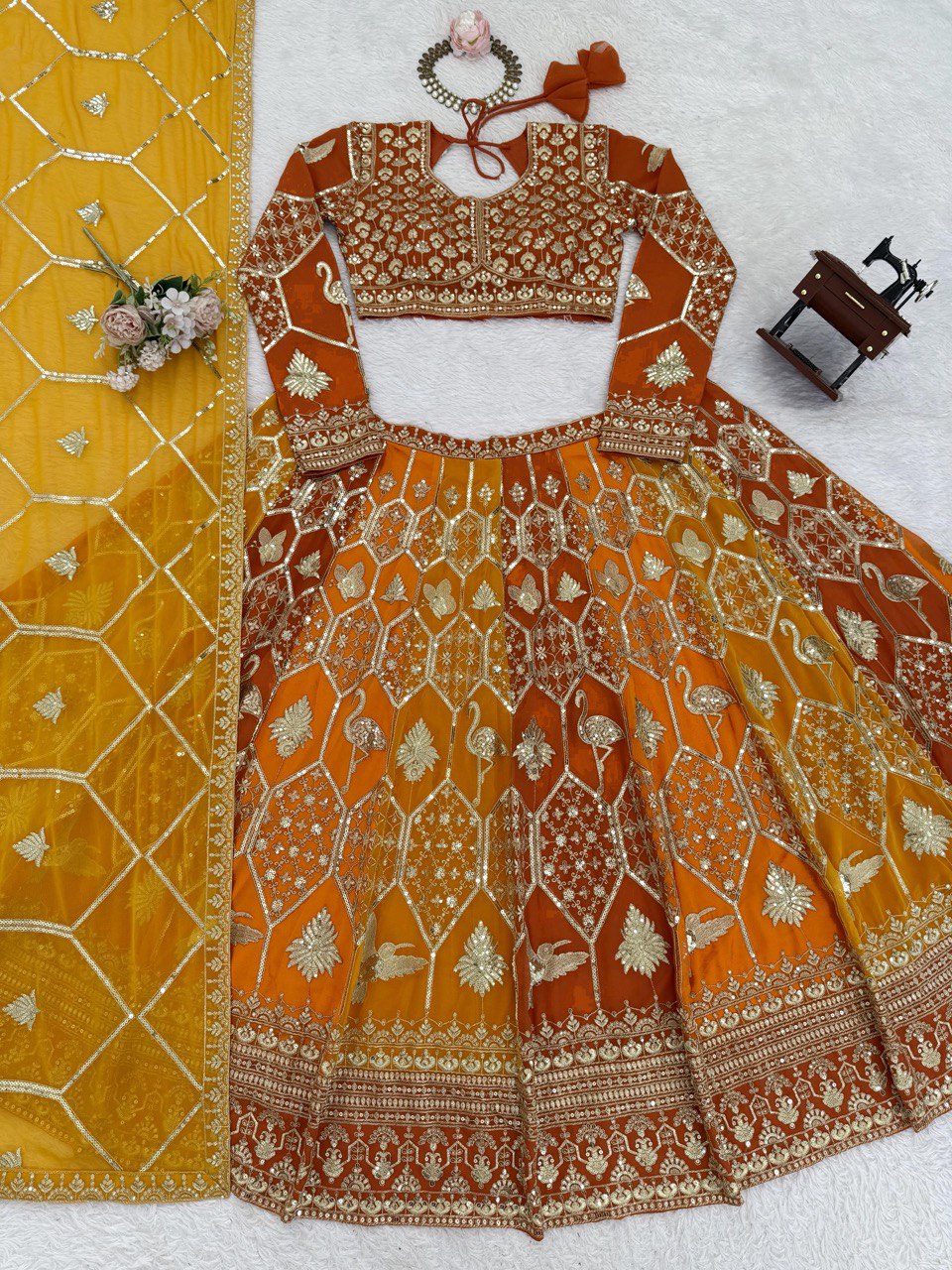 Prazu Fashion Orange Georgette Thread Sequence Wedding Lehenga Choli