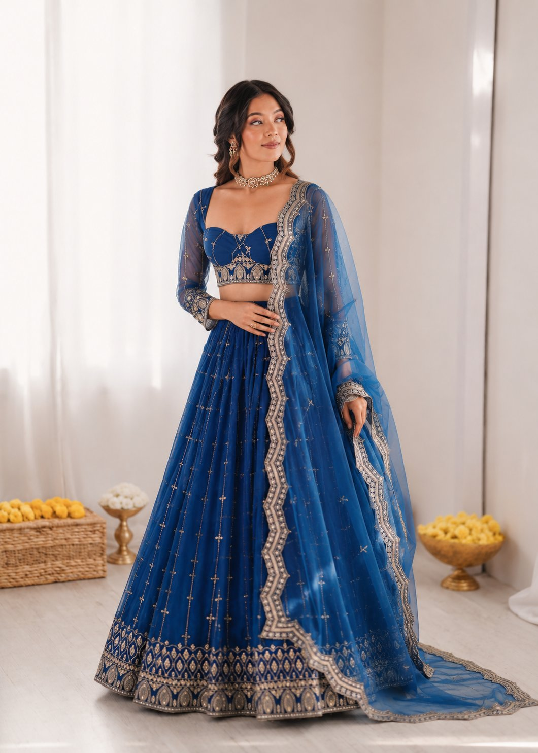 Prazu Fashion Royal Blue Net Thread With Sequence Designer Lehenga