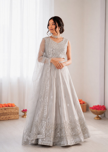 Prazu Fashion Light Grey Jatan Silk Thread With Sequence Designer Lehenga - Dista