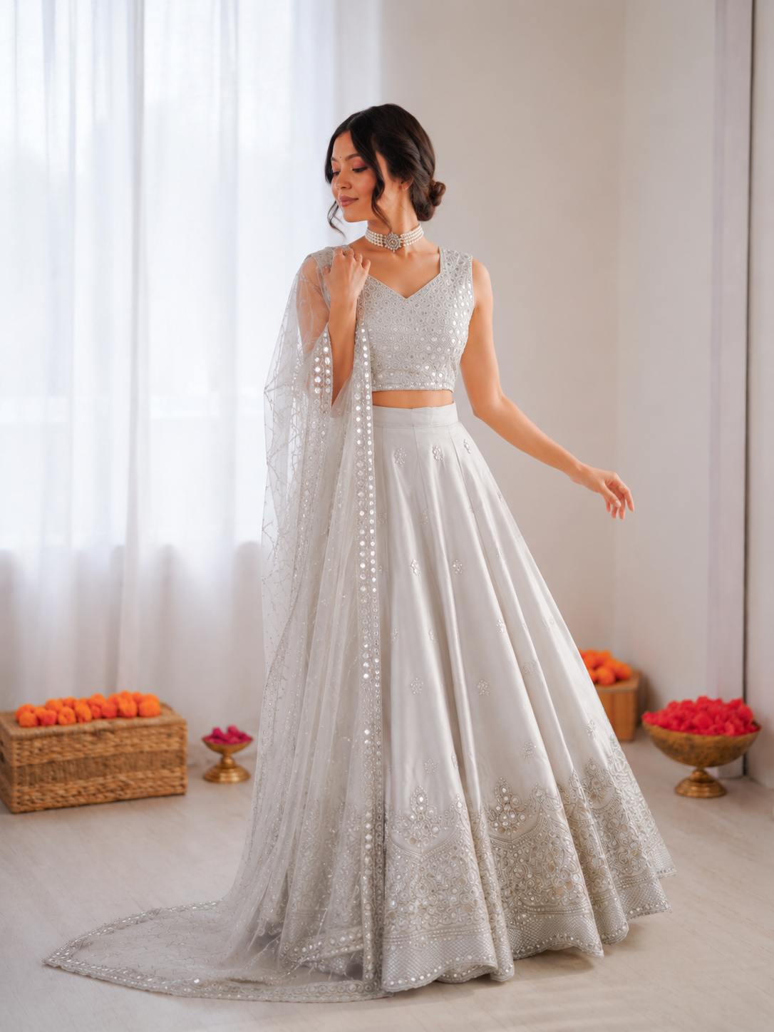 Prazu Fashion Light Grey Jatan Silk Thread With Sequence Designer Lehenga
