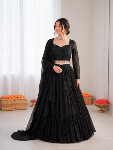 Prazu Fashion Black Georgette Thread With Sequence Designer Lehenga - Dista