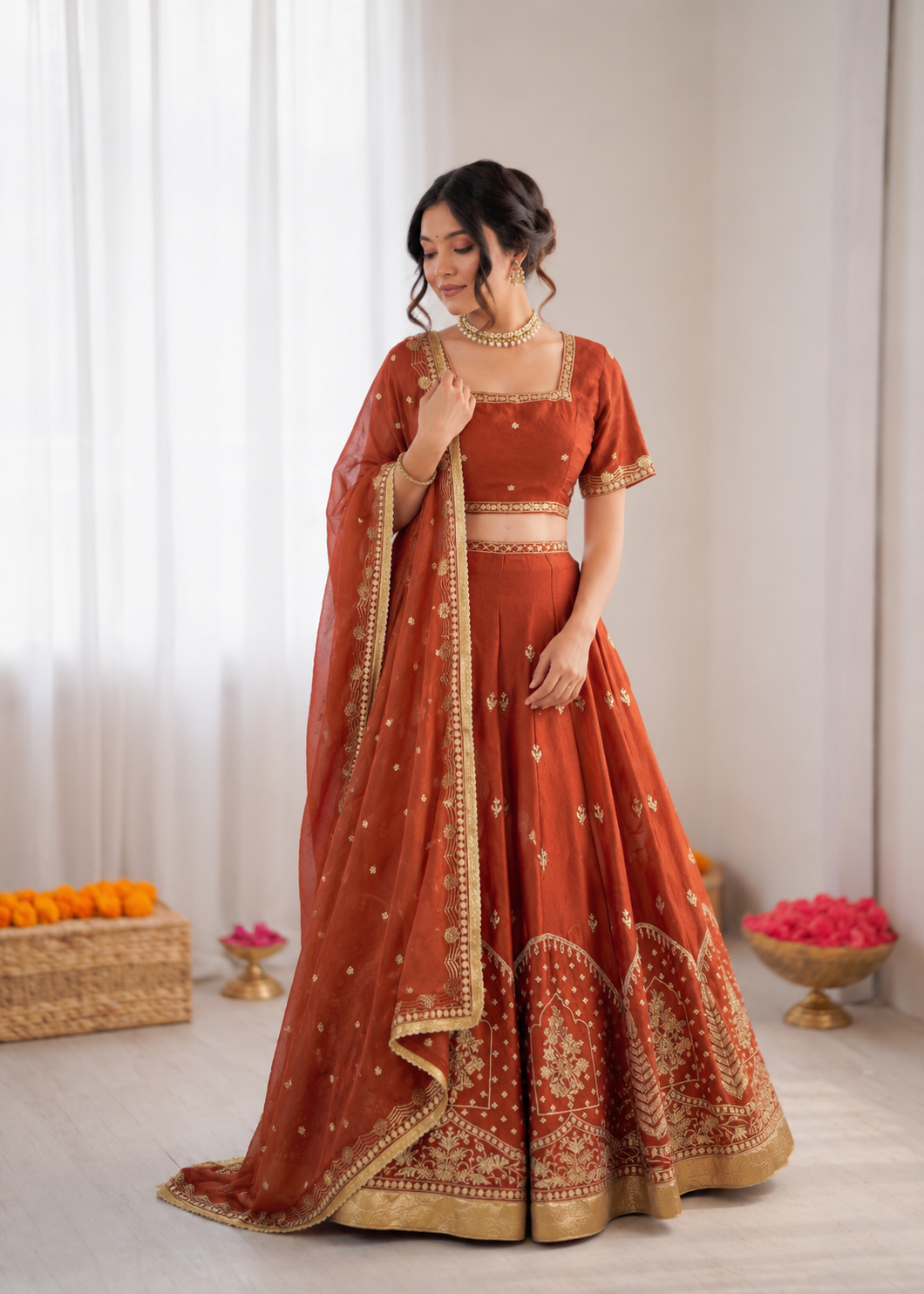 Prazu Fashion Rust Orange Art Silk Thread With Sequence Designer Lehenga