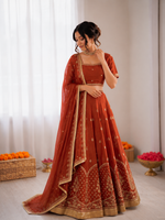 Thumbnail for Prazu Fashion Rust Orange Art Silk Thread With Sequence Designer Lehenga
