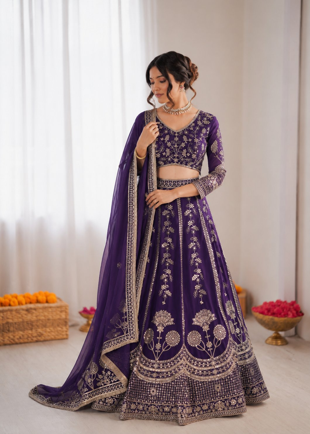 Prazu Fashion Royal Purple Georgette Thread With Sequence Designer Lehenga - Dista