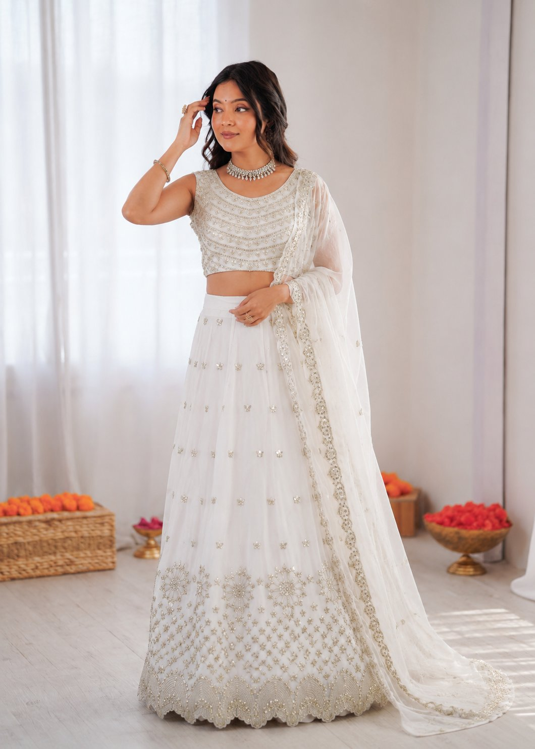 Prazu Fashion Off White Georgette Thread With Sequence Designer Lehenga - Dista