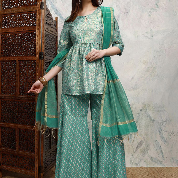 Vishudh Floral Printed Keyhole Neck Anarkali Kurta with Sharara & Dupatta - Distacart