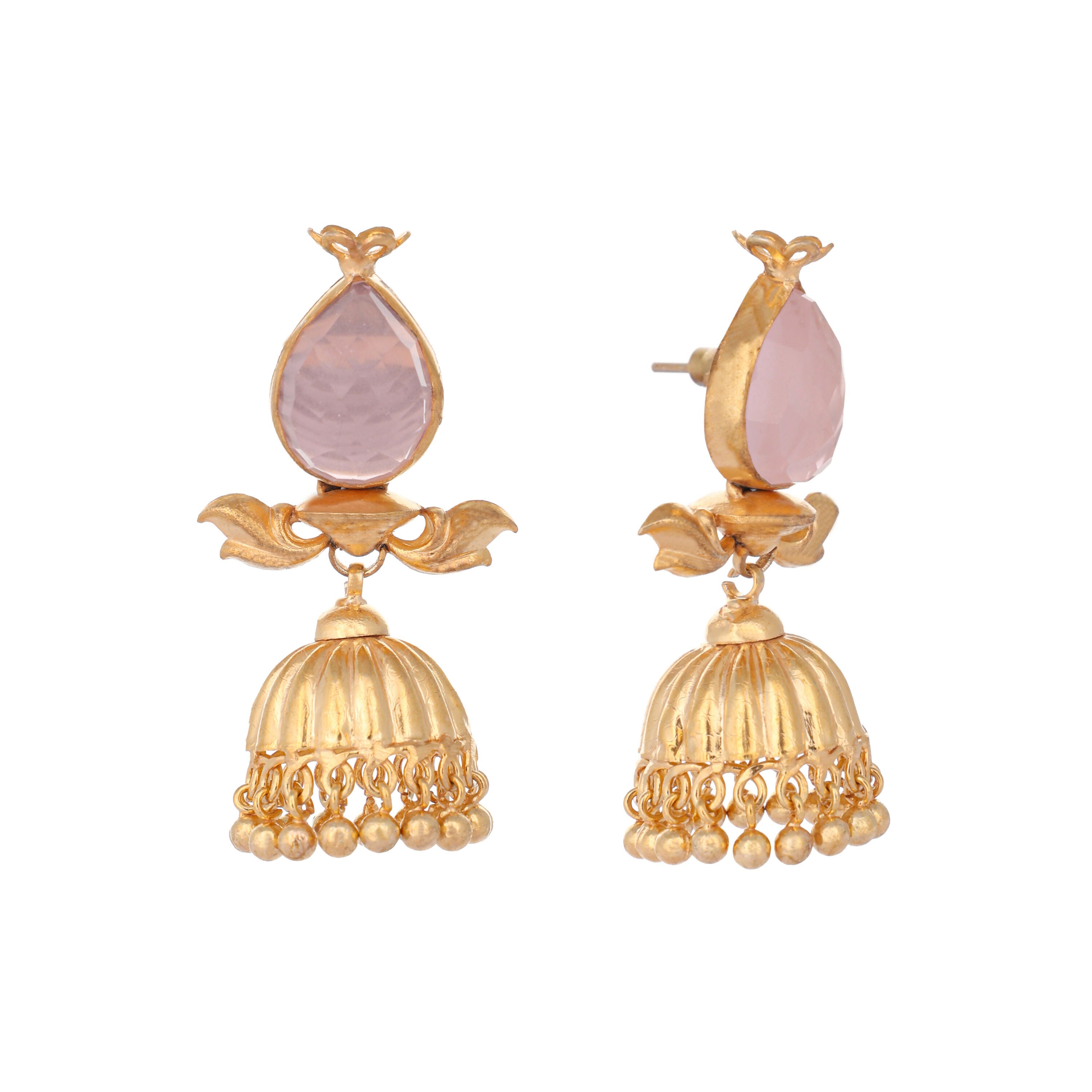 Nuyug 22K Gold Plated Rose Quartz Stone Studded Ethnic Jhumkas