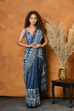 Thumbnail for Very Much Indian Handblock Printed Cotton Saree With Natural Dyes - Blue - Distacart