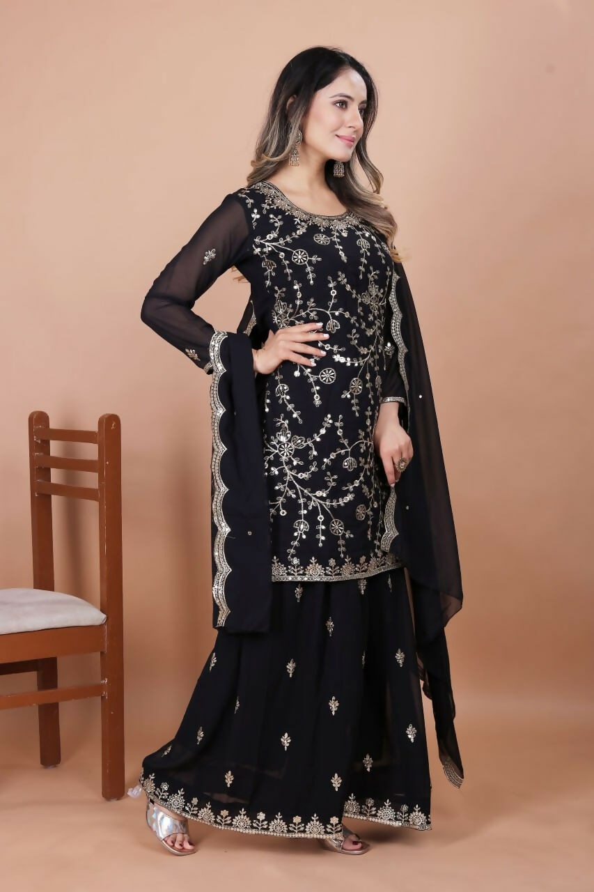 Teeya Creation Black Color Faux Georgette Embroidery Work Wedding Wear Palazzo Set - Distacart