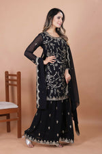 Thumbnail for Teeya Creation Black Color Faux Georgette Embroidery Work Wedding Wear Palazzo Set - Distacart