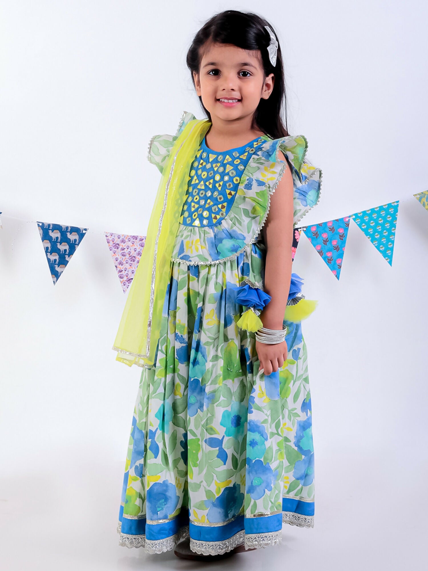 Lil Drama Jaipur Print Stylish Cotton Lehanga with Choli and Net Dupatta Set for Girls - Green - Distacart