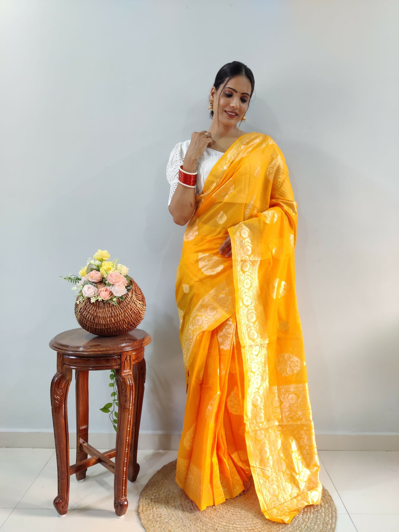Malishka Cotton Silk Jacquard Ready To Wear Saree With Blouse Piece - Yellow - Distacart