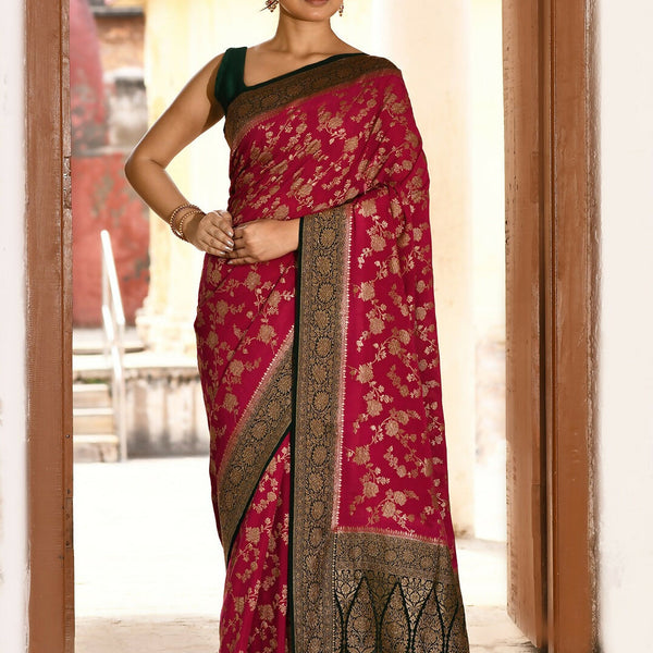 Joban Fashion Hot Pink Crepe Chiffon Pure Handloom Banarasi Silk Saree - Dista
