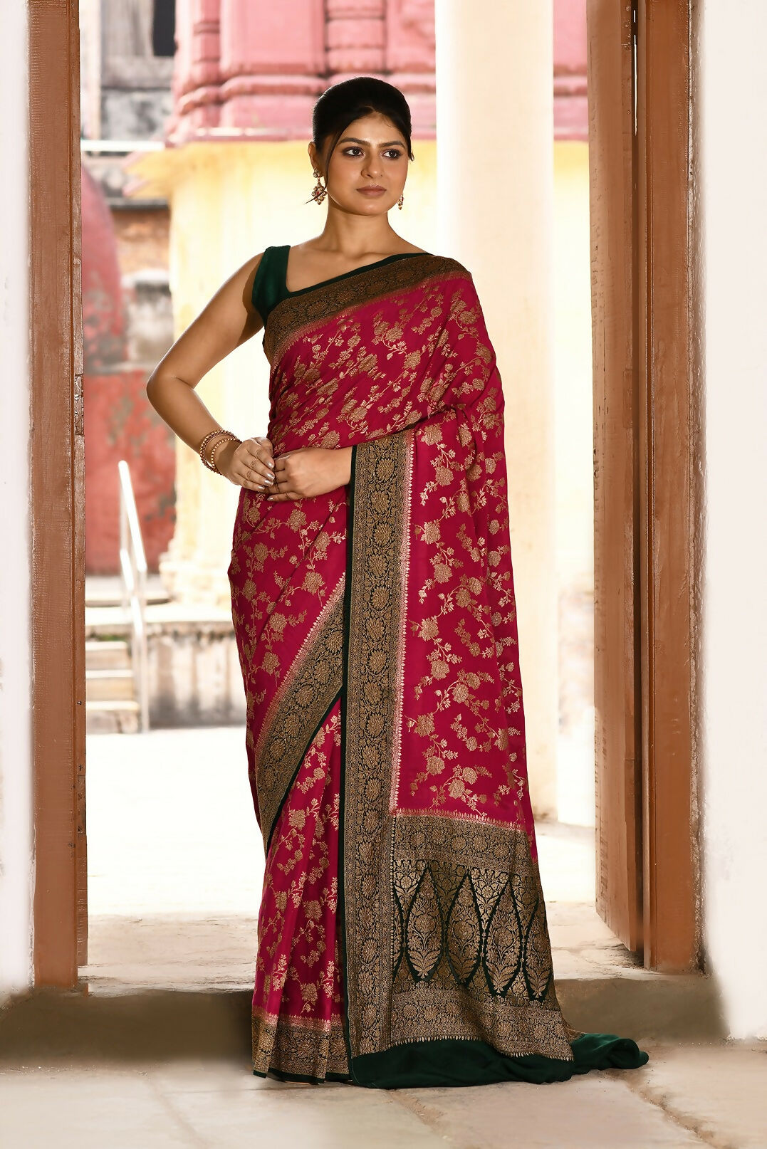 Joban Fashion Hot Pink Crepe Chiffon Pure Handloom Banarasi Silk Saree - Dista