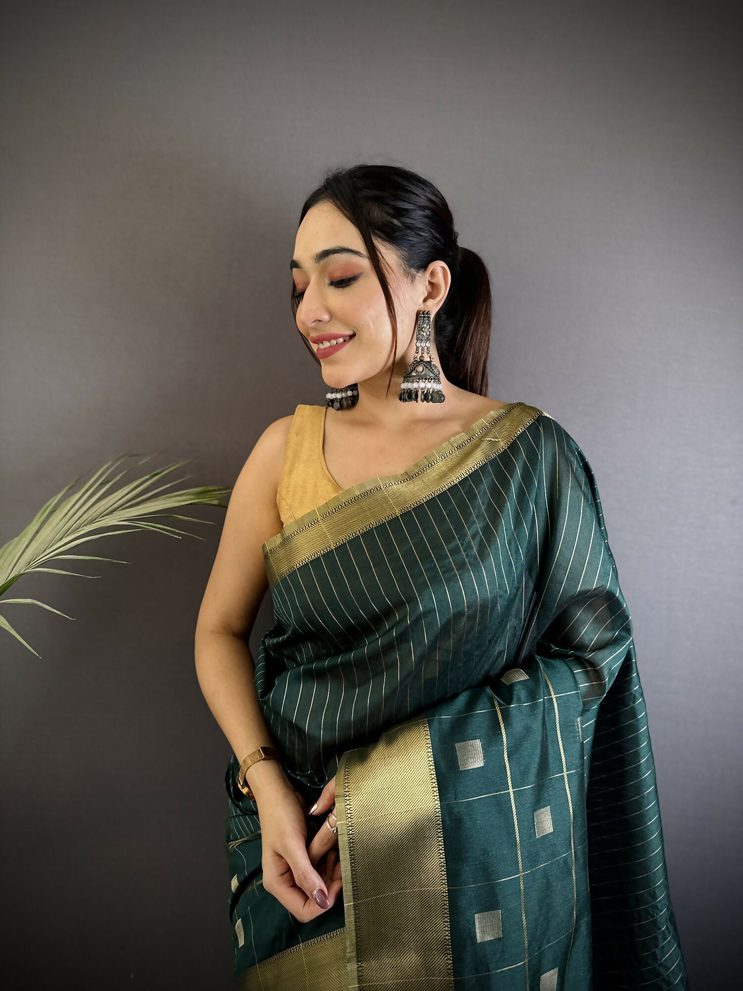 Joban Fashion Teal Bhagalpuri Cotton Silk Stripes/Box Saree