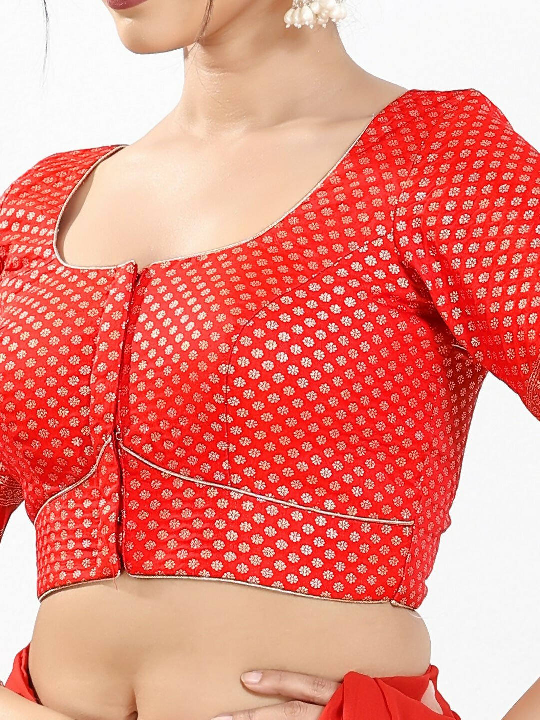 Joban Fashion Red Brocade Padded Blouse With Round Neck Elbow Sleeves