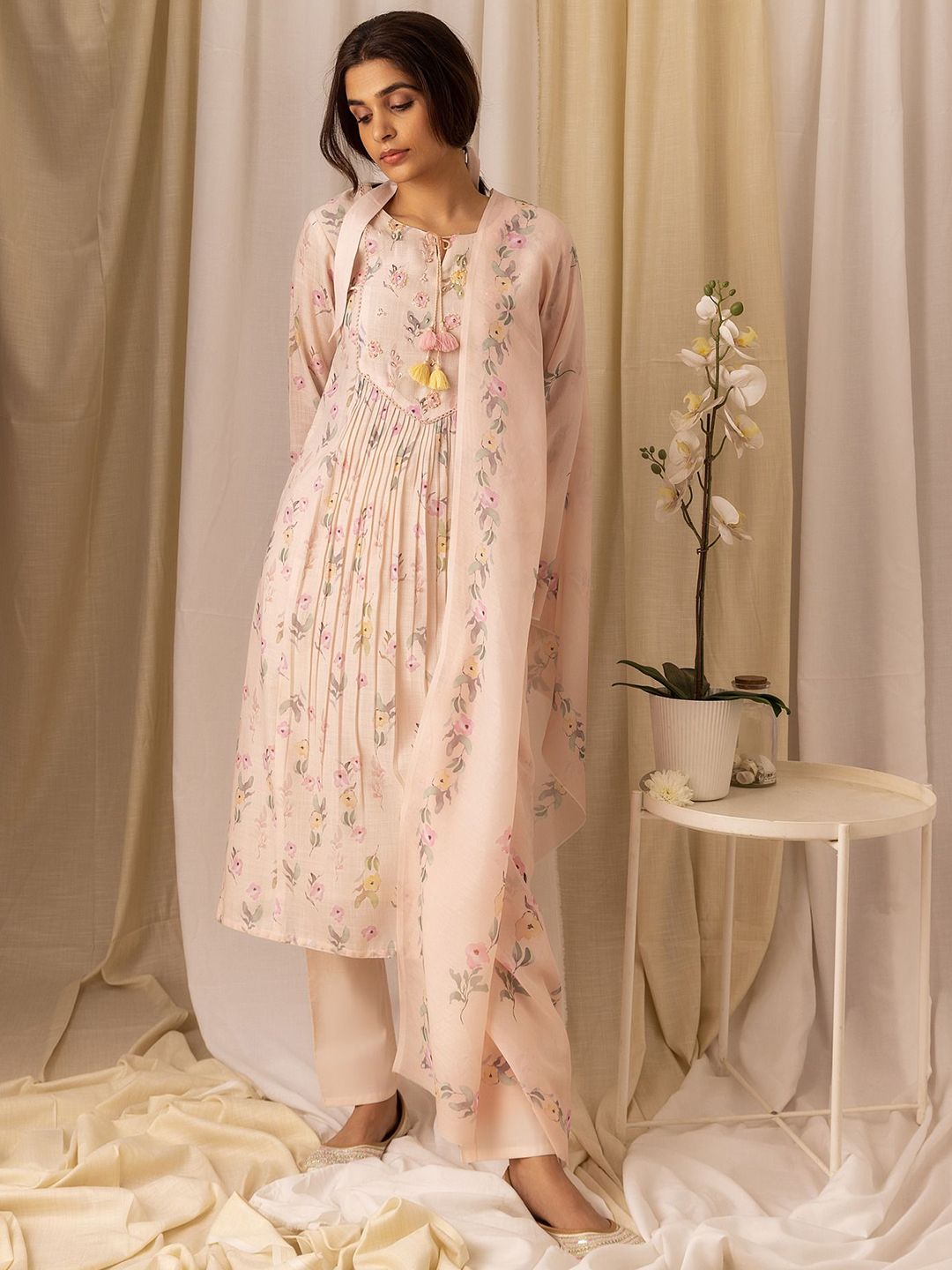 Ode by House of Pataudi Floral Printed Pleated Style A-Line Kurta With Trousers & Dupatta - Distacart