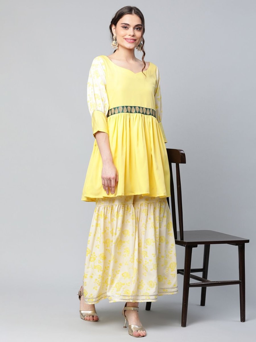 Ahalyaa Women Yellow Crepe Floral Short Kurta with Sharara Set - Distacart