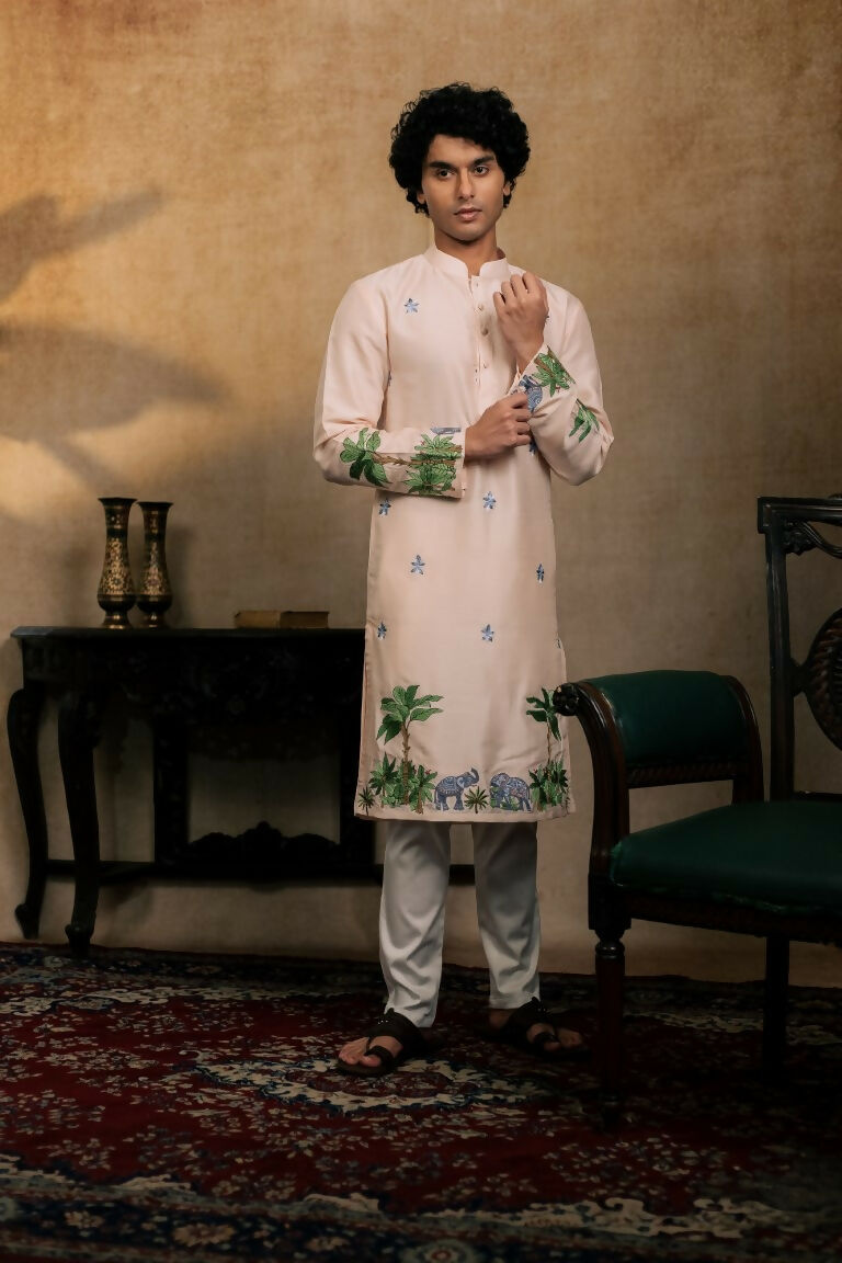 Falling Raw Silk Peach Gajavana Kurta Set By Hilo Design - Distacart