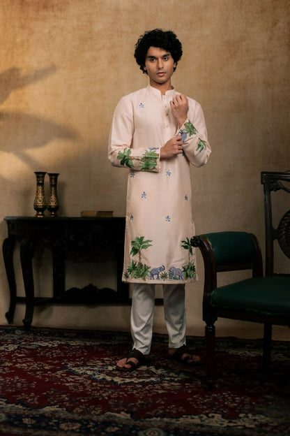 Falling Raw Silk Peach Gajavana Kurta Set By Hilo Design - Distacart