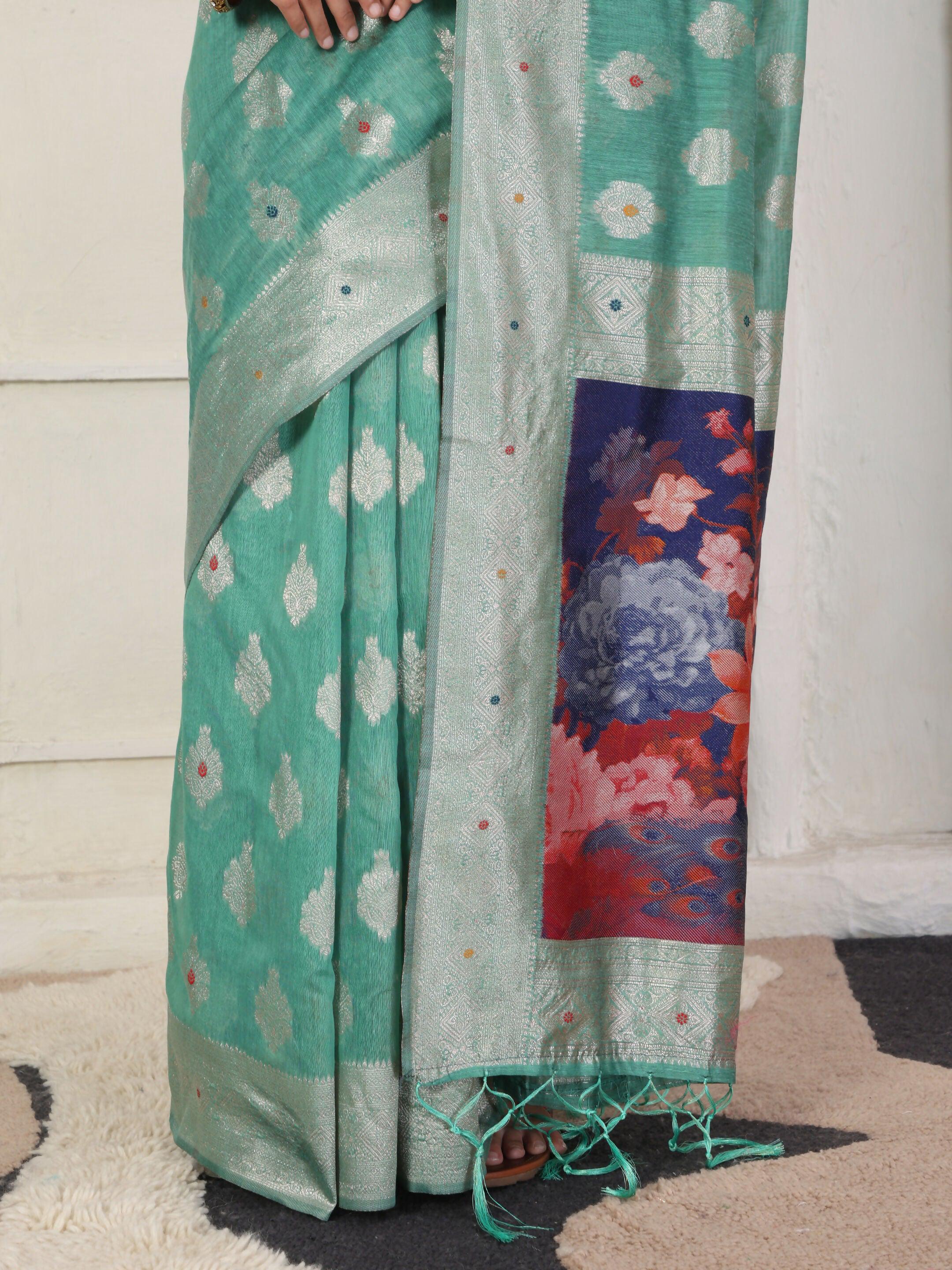 Astita Linen Cotton Rama Green Saree