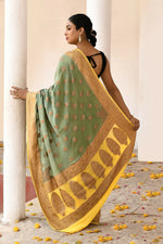 Thumbnail for Joban Fashion Grass Green Crepe Chiffon Pure Handloom Banarasi Silk Saree