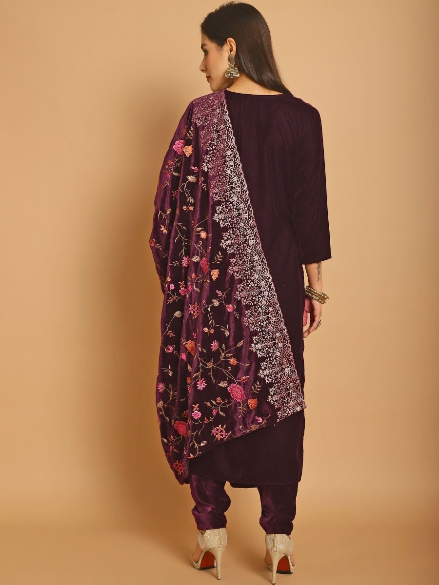 Aastha Fashion Women's Wine Velvet Floral Resham Thread with Jari & Sequince work Designer Straight Suit Set - Distacart