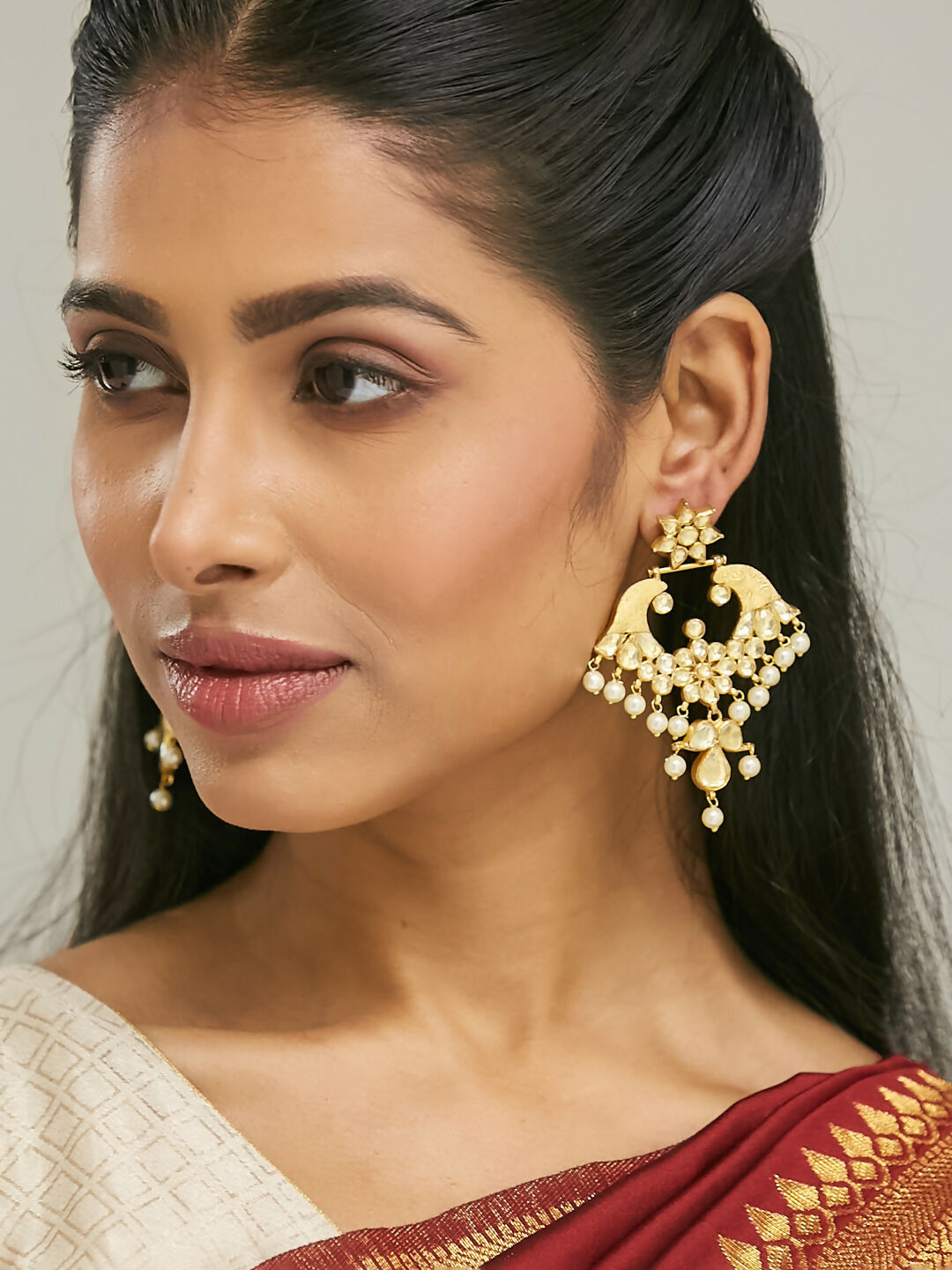 Nuyug 22K Gold-Plated Kundan and Pearl Earrings with Floral Stud and Intricate Crescent Design Chandbalis