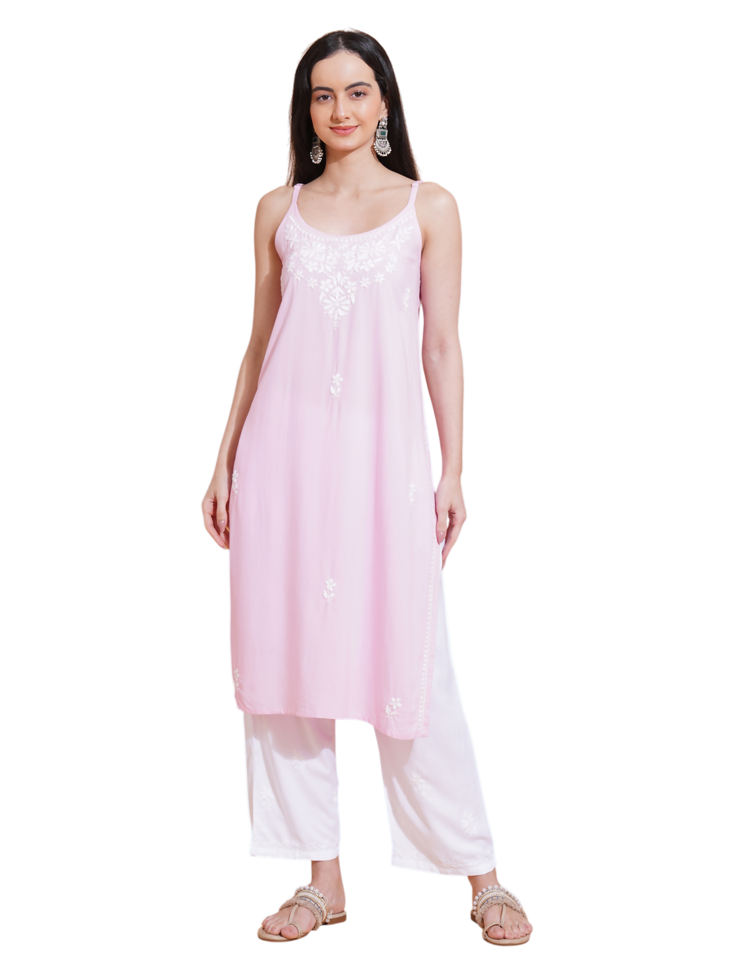 Pahnaz Luxury Rayon Chikankari Sleeveless Long Kurti-Pink - Dista