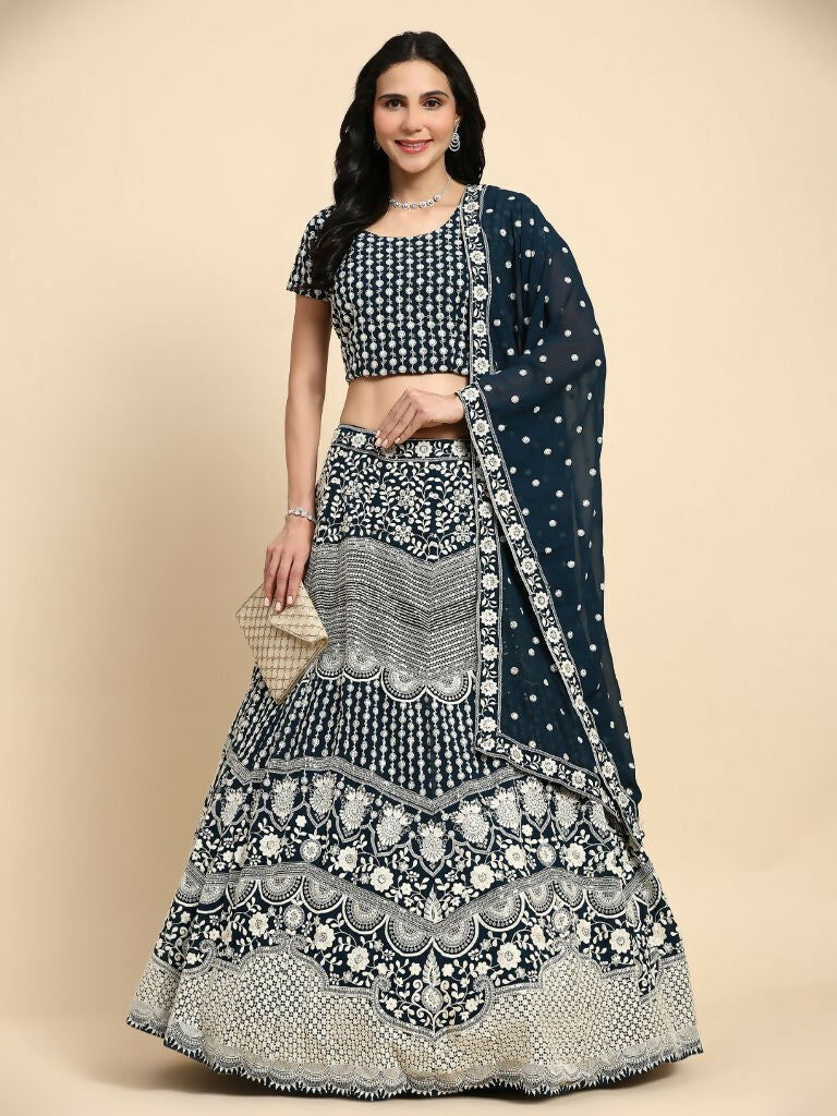 Blue Georgette Thread Embroidered Lehenga Choli with Dupatta - Tanya - Distacart