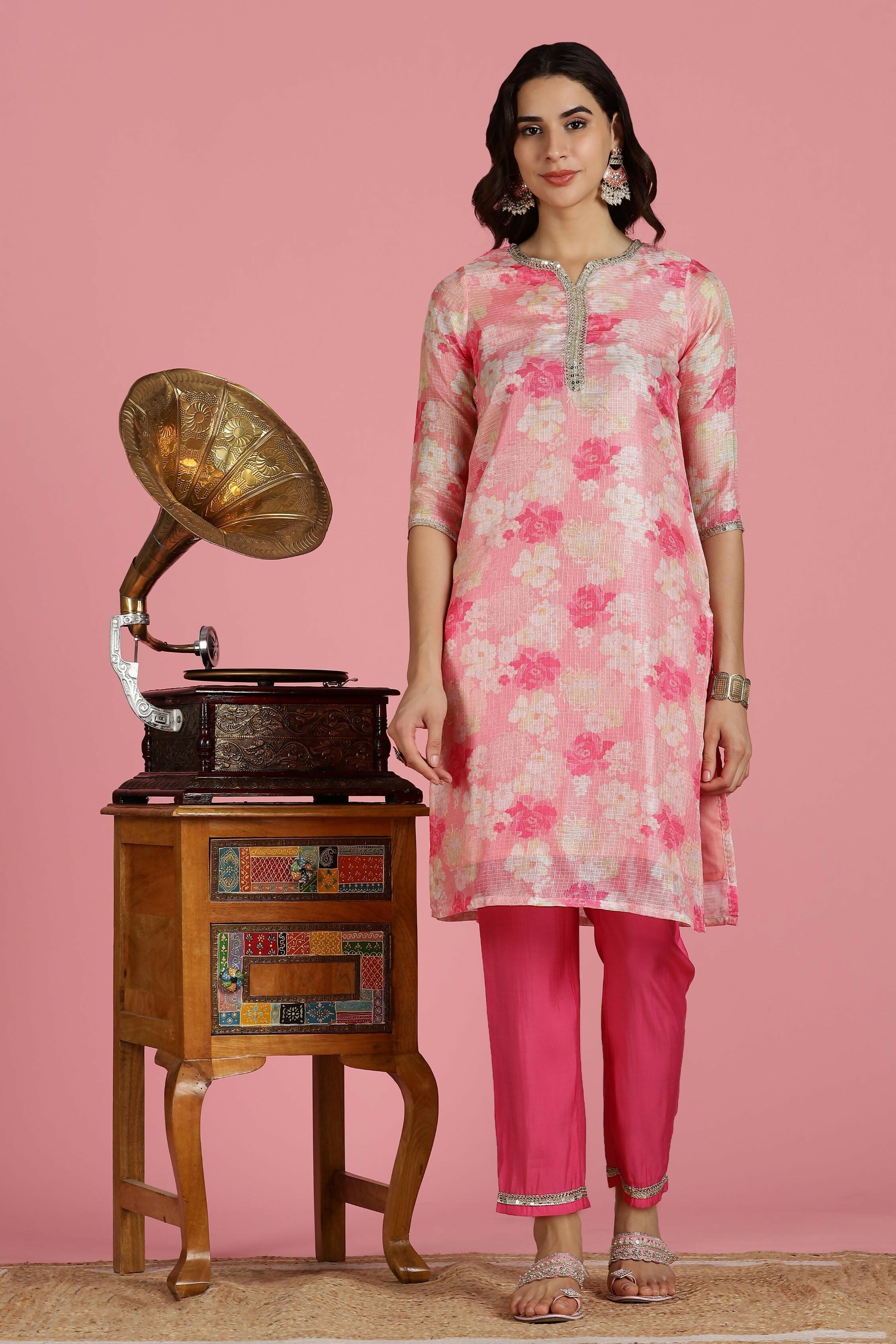 BulBul Women Pink Floral Printed Kota Doriya Kurta Set