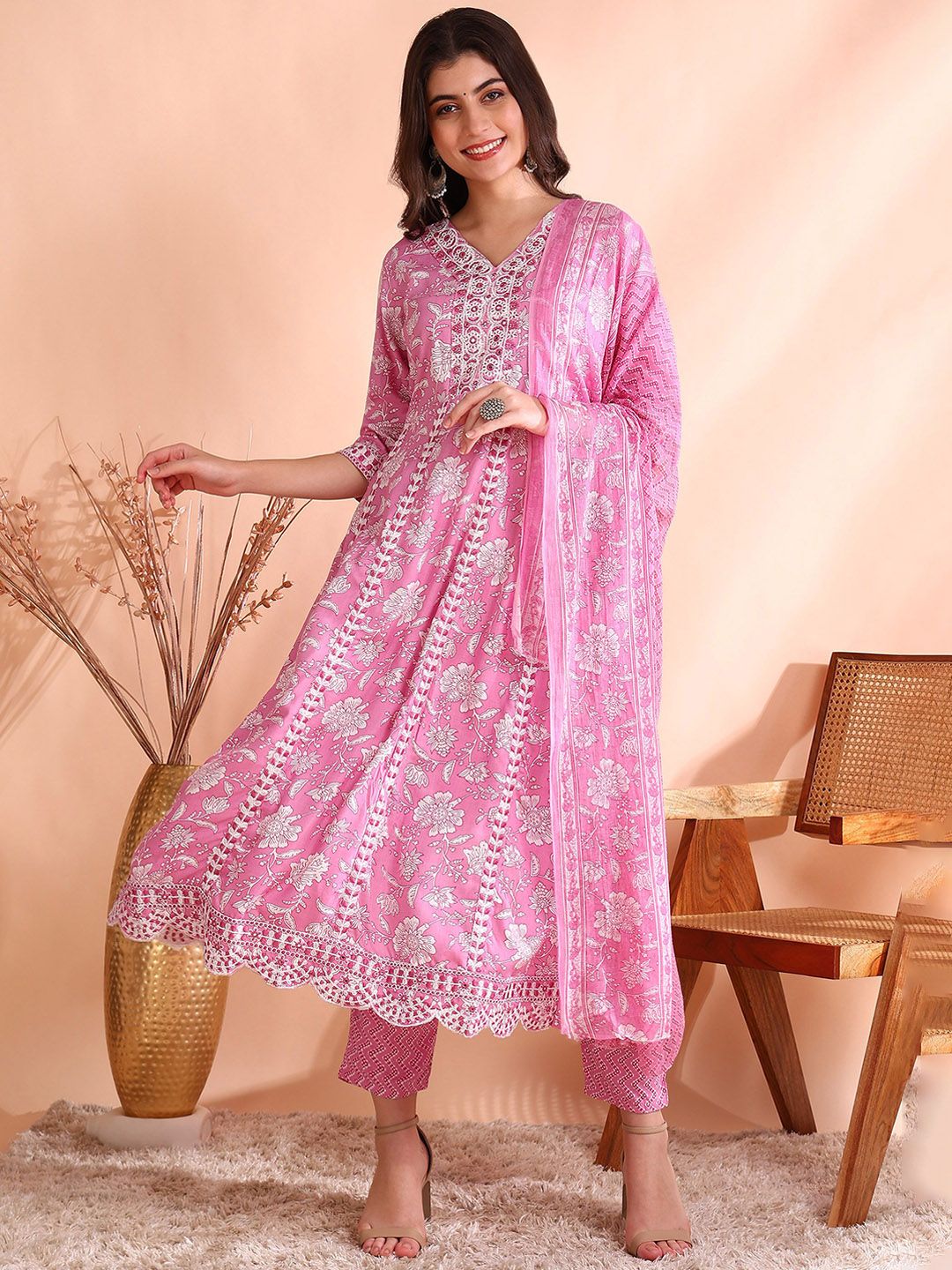 Ode by House of Pataudi Thread Work Pure Cotton Anarkali Kurta with Trousers & Dupatta - Distacart