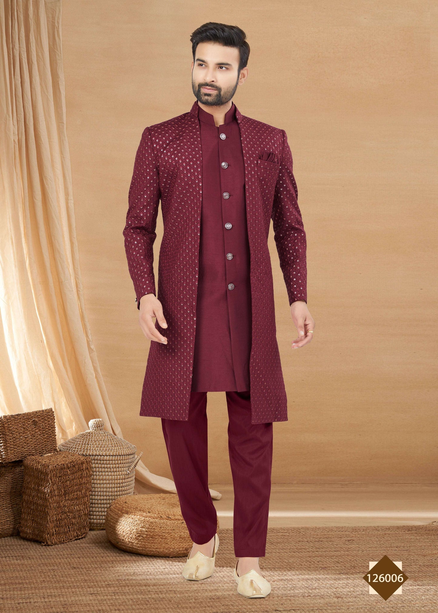 Joban Fashion Men's Maroon Heavy Art Silk Plain Indowestern - Distacart