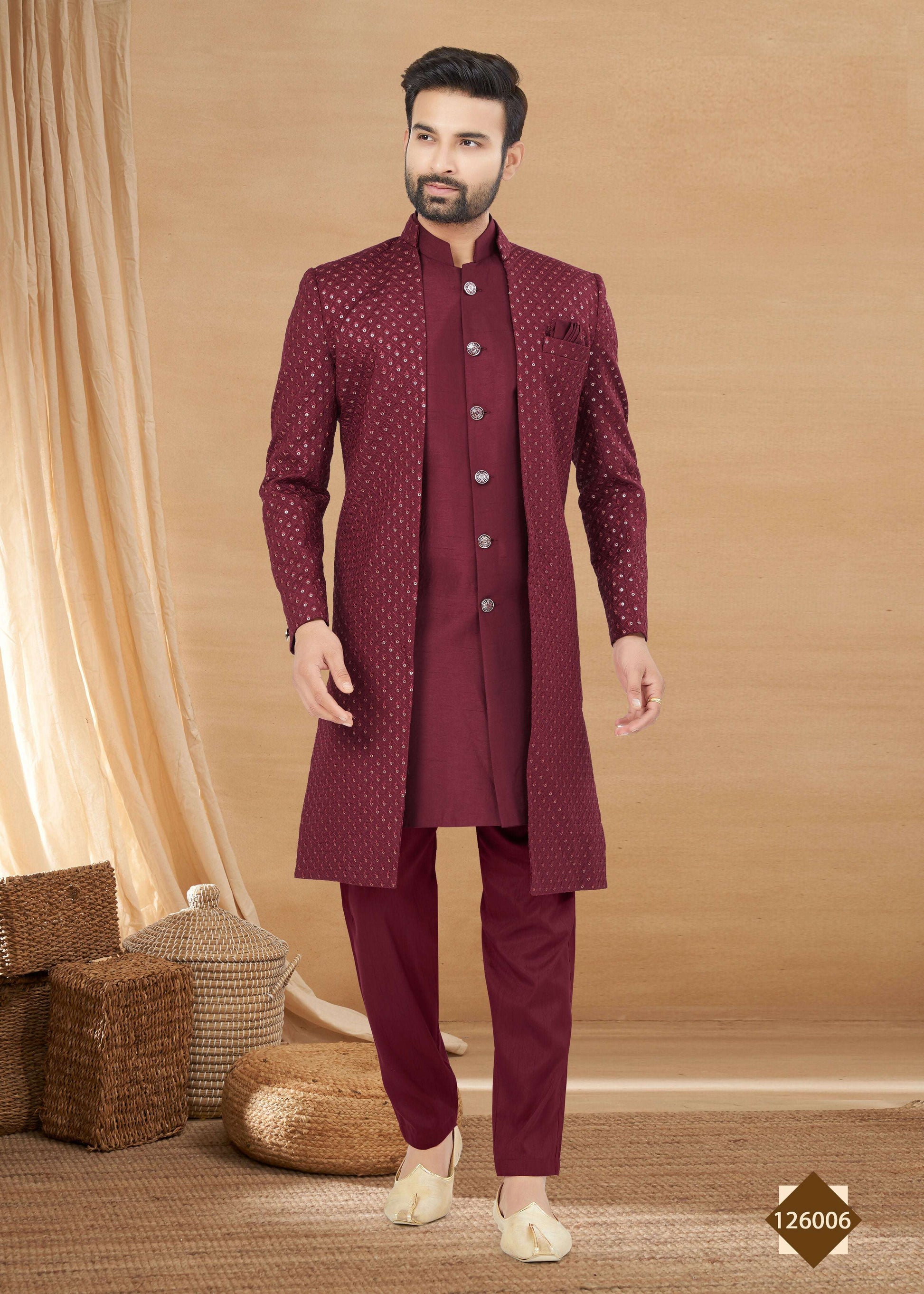 Joban Fashion Men's Maroon Heavy Art Silk Plain Indowestern - Distacart
