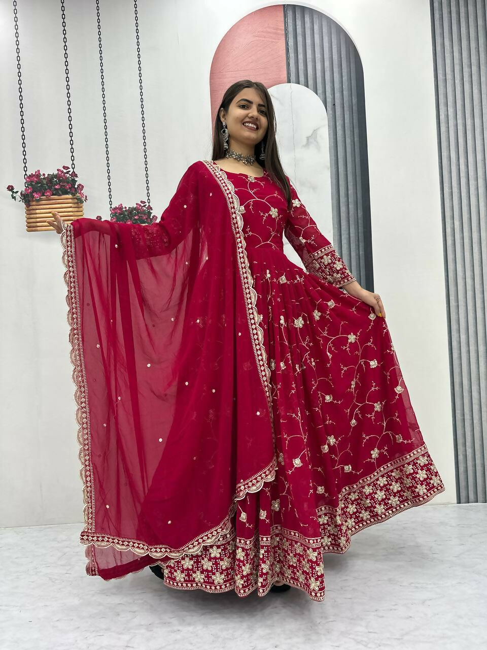 Teeya Creation Womens New Heavy Fox Georgette Fabric With Heavy Embroidery Wrok Kurta Set - Dista