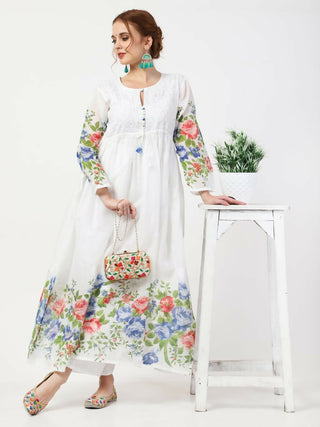 Cheera Women Stylish Hand Chikenkari And Digital Printe Cotton Organza Flared Anarkali Kurta - White - Distacart