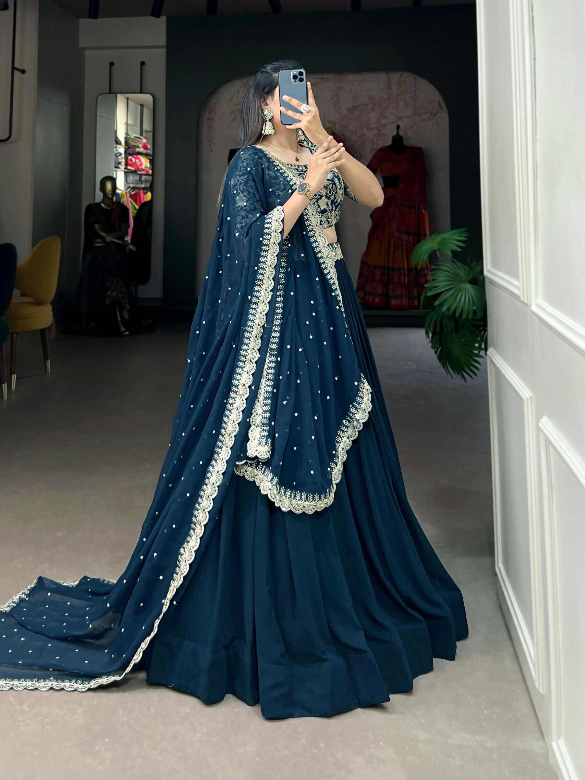Vastranavya Gorgeous Georgette Lehenga Choli With Embroidered Banglory Blouse - Teal - Distacart