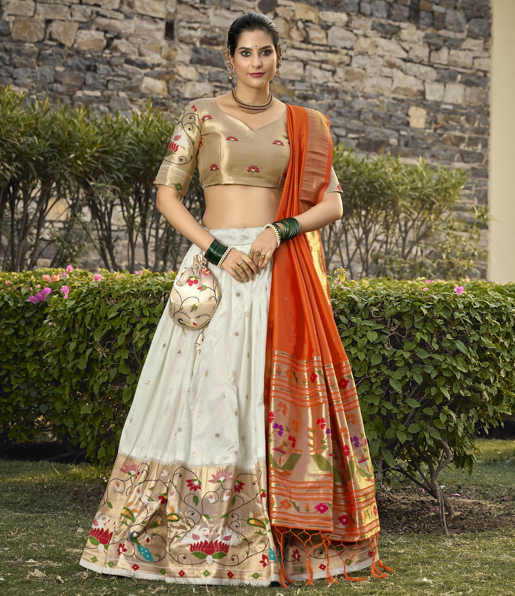 Vastranavya Traditional Jacquard Silk Paithani Lehenga Choli - White - Distacart