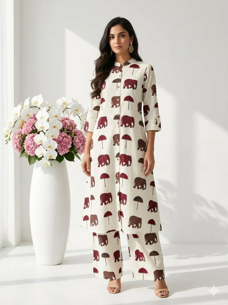 Teeya Creation Women New Trendy Off-White & Maroon Red Elephant Print Cotton Kurta with Palazzos - Dista