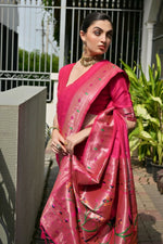 Thumbnail for Vishnu Weaves Women's Pink Paithani Silk Zari Woven Saree with Blouse