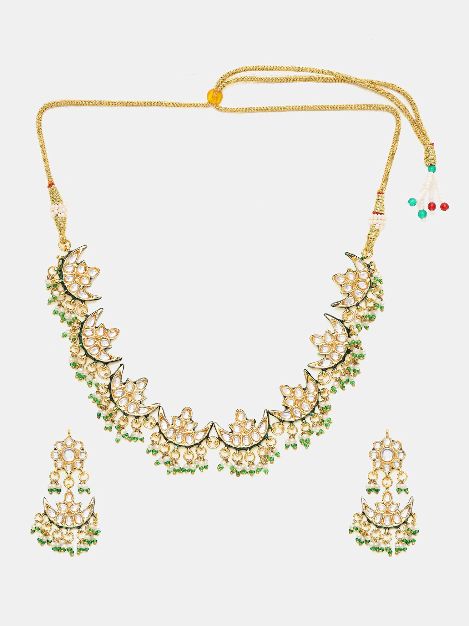 Ruby Raang Gold Polished Kundan Work Gold Half Moon Kundan Necklace With Earrings