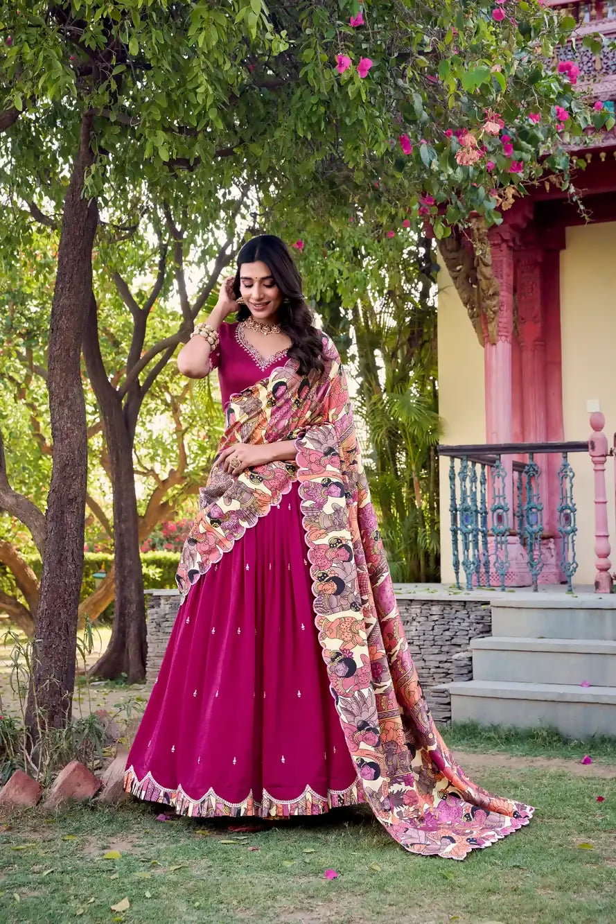 Looknbook Art Vichitra Silk Sequins and Thread Embroidery Work With Kalamkari Print Border Lehenga Choli-Pink