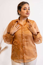 Thumbnail for Timaraa Rust Brown Organza Shirt With Pearl & Katdana Embellishment - Dista