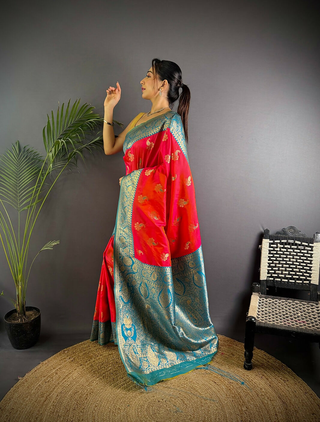 Joban Fashion Banarasi Hot Pink Woven Butti Soft Silk Saree