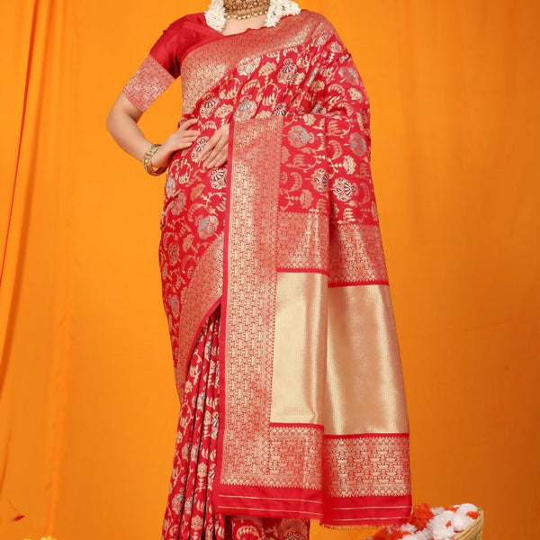 Jyoti Fashion Women's Maroon Kanjivaram Silk Zari Woven Saree with Blouse - Distacart