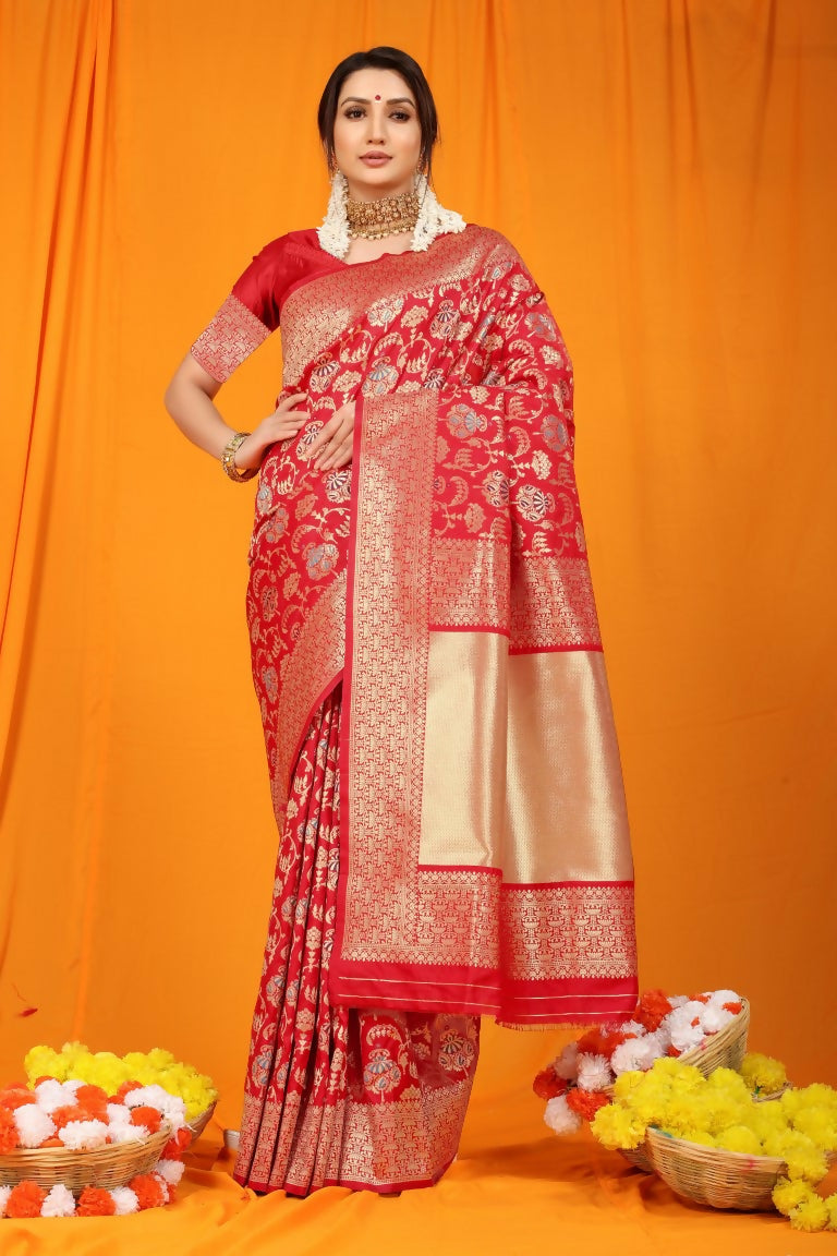 Jyoti Fashion Women's Maroon Kanjivaram Silk Zari Woven Saree with Blouse - Distacart