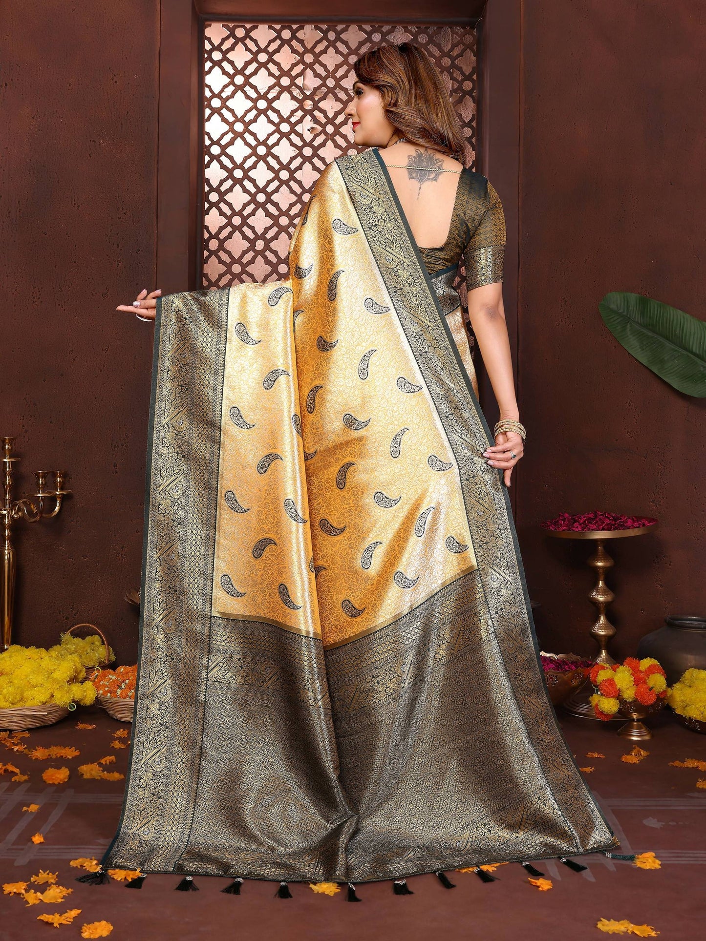 Aastha Fashion Mustard Tissue Silk Weaving Saree - Distacart