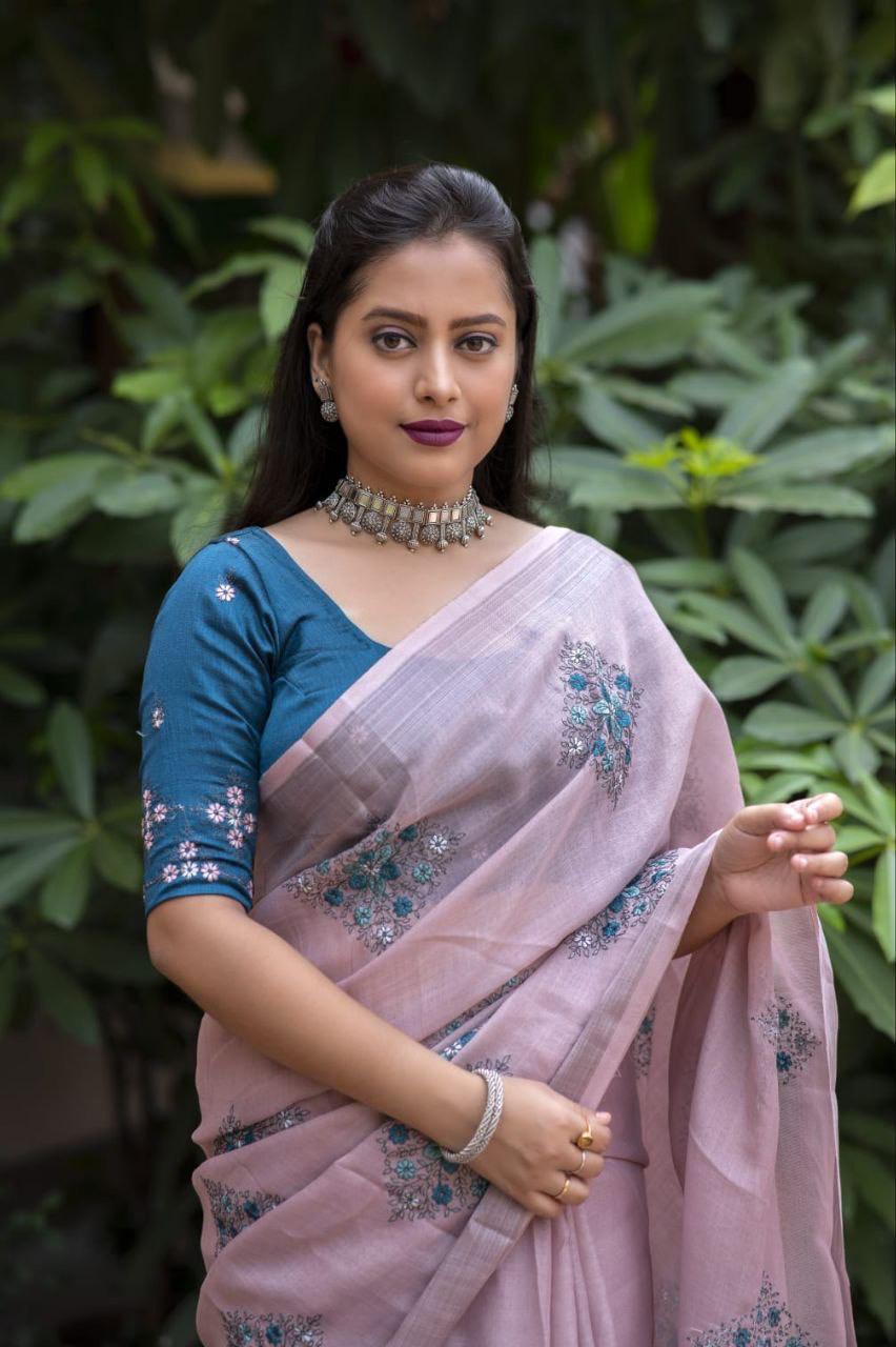 Mine Pure Linen Ethnic Motifs Saree with Unstitched Blouse - A2M - Distacart