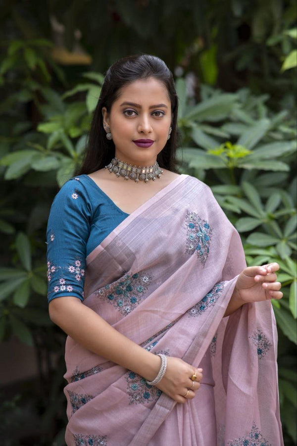 Mine Pure Linen Ethnic Motifs Saree with Unstitched Blouse - Hiral Fashion - Distacart